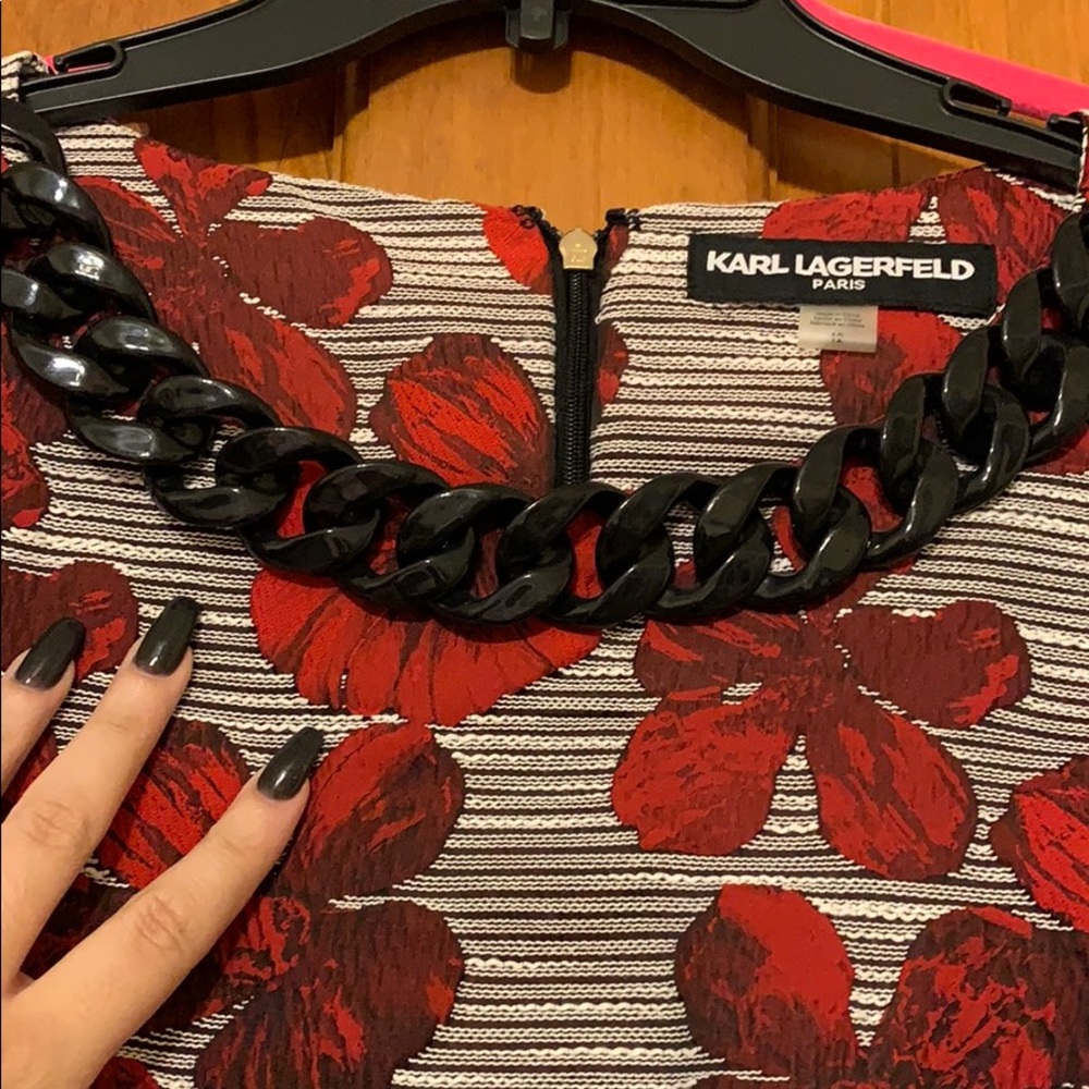 Karl Lagerfeld Red Floral Sheath Dress with Beaded Neckline - Picture 6 of 6